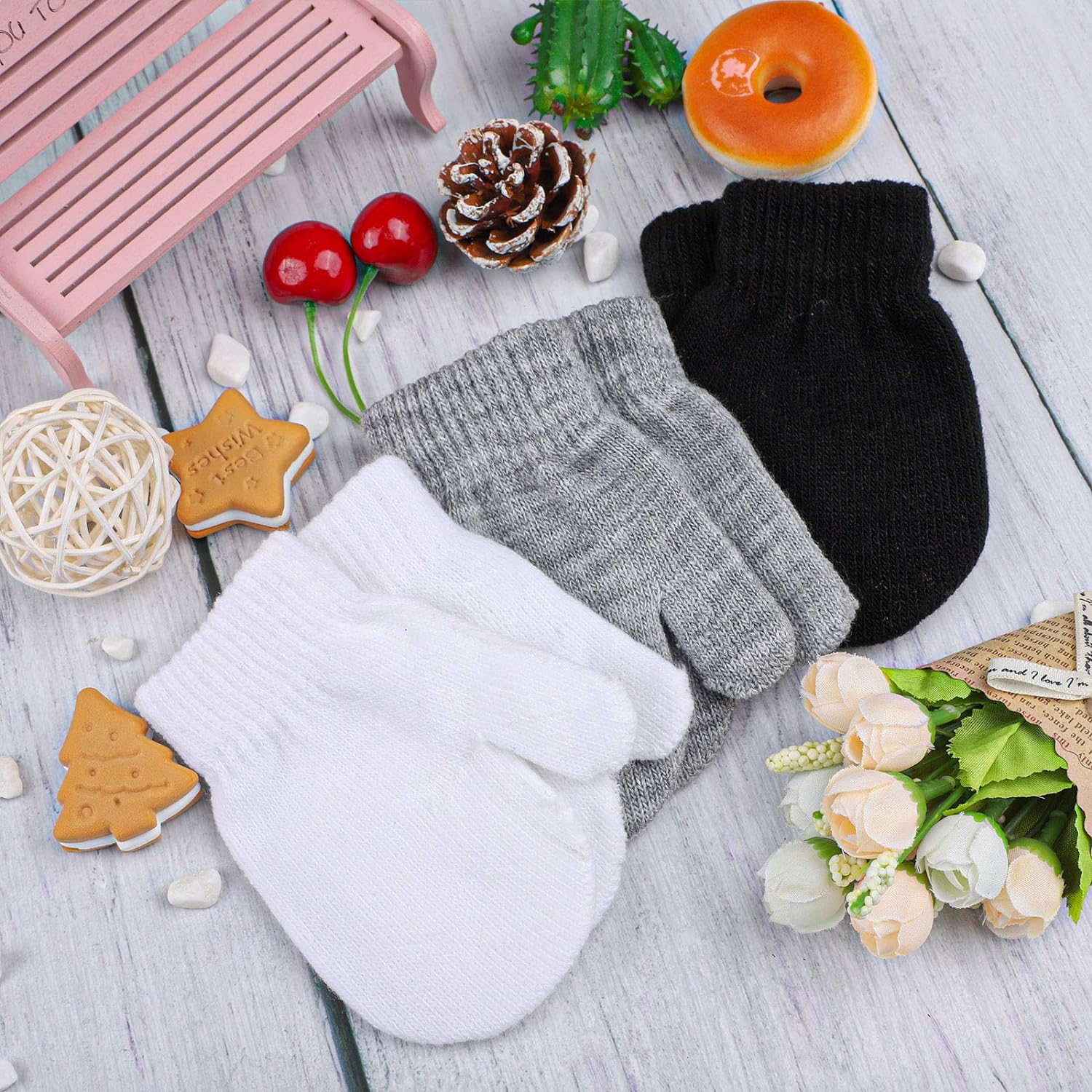 URATOT 6 Pairs Toddler Knitted Mittens Magic Stretch Gloves Winter Warm Knitted Soft Baby Mittens - Image 6